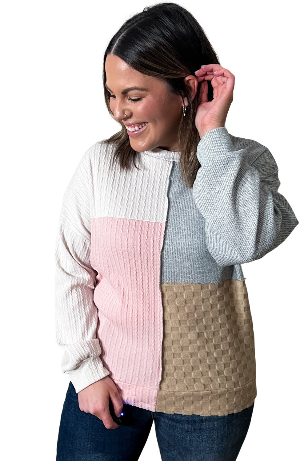 Multicolor Cable Knit Colorblock Long Sleeve Plus Size Top