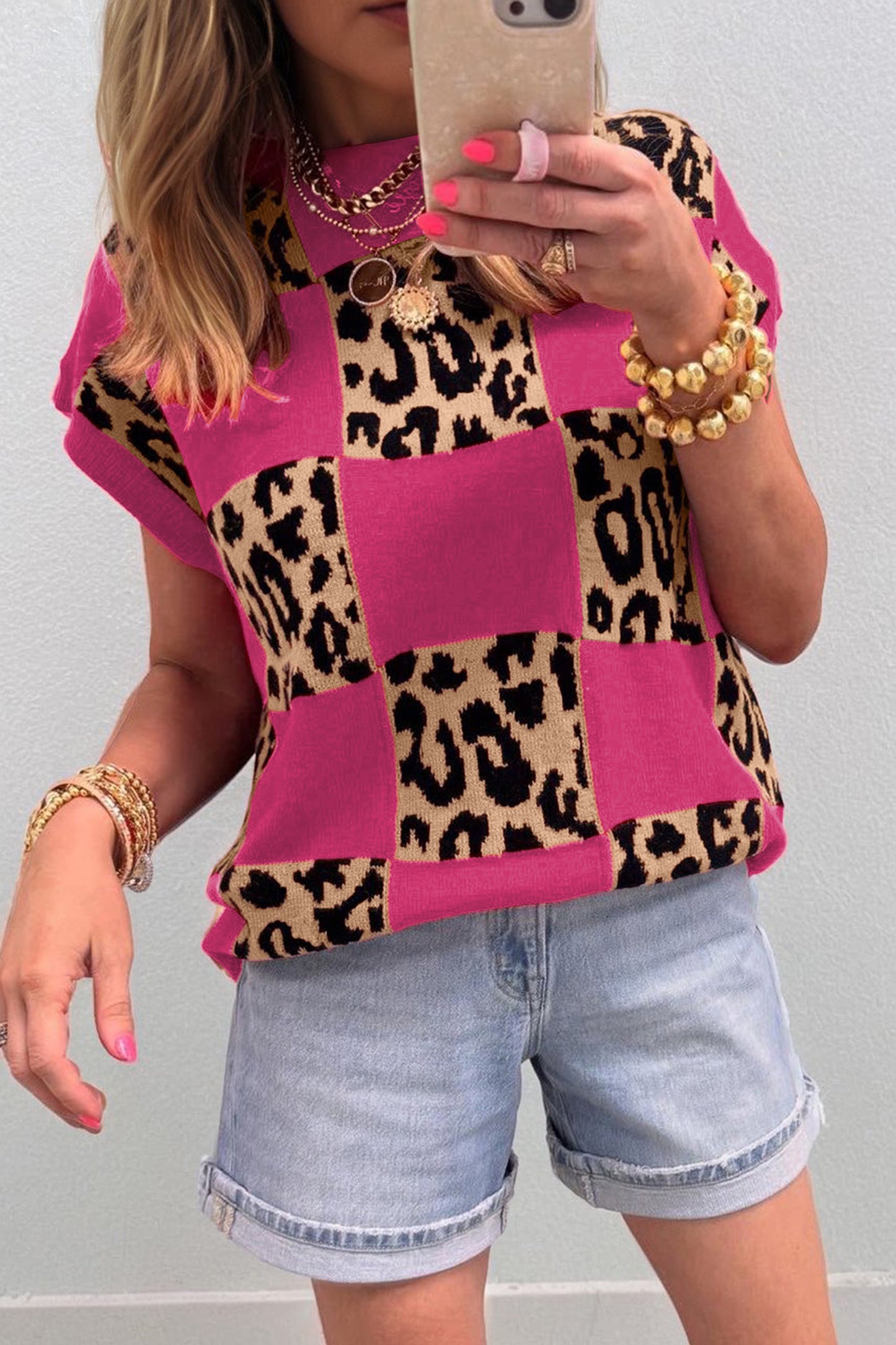 Black Leopard Checkerboard Short Sleeve Knit Sweater