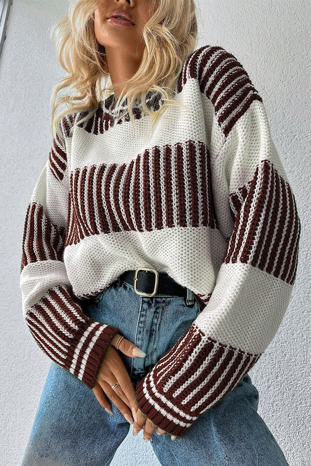 Light Blue Two Tone Striped Patchwork Drop Shoulder Sweater