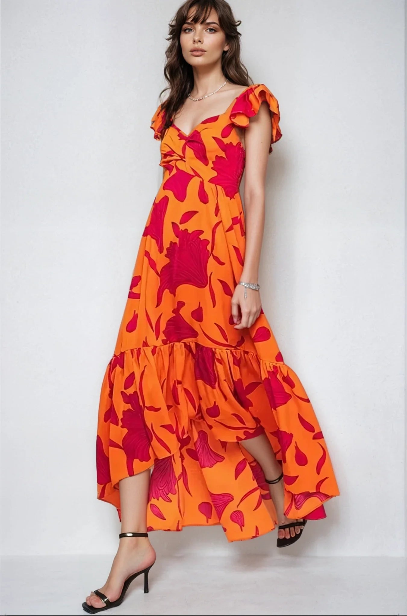 Vibrant Fire Floral High Low Maxi Dress