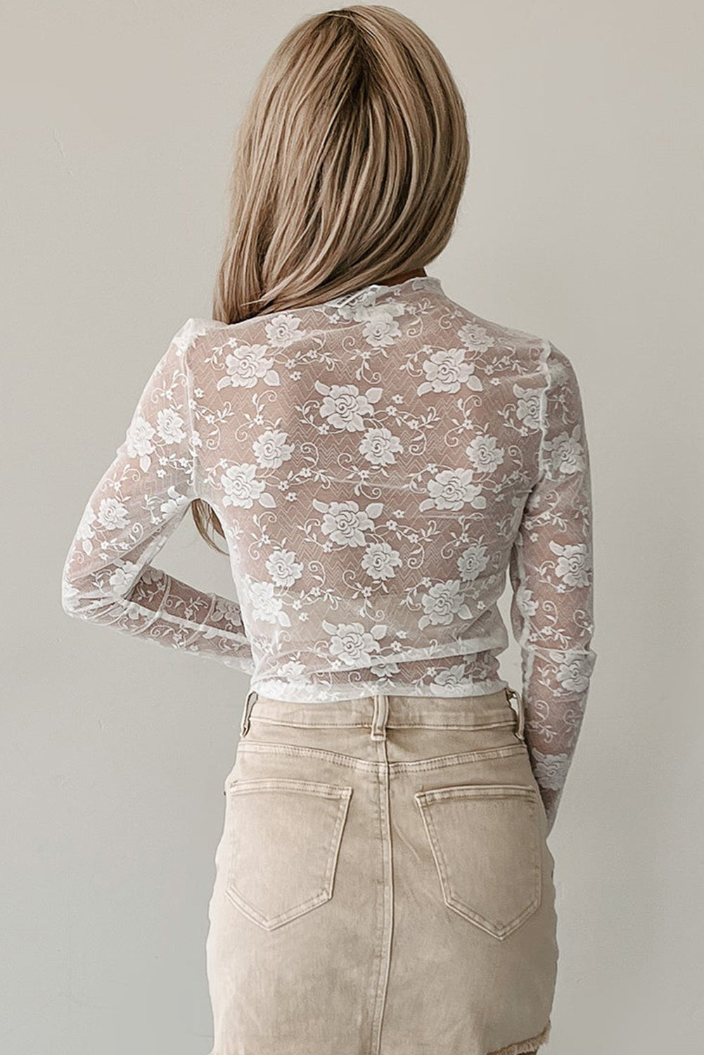 Black Mock Neck Floral Lace Mesh Long Sleeve Top