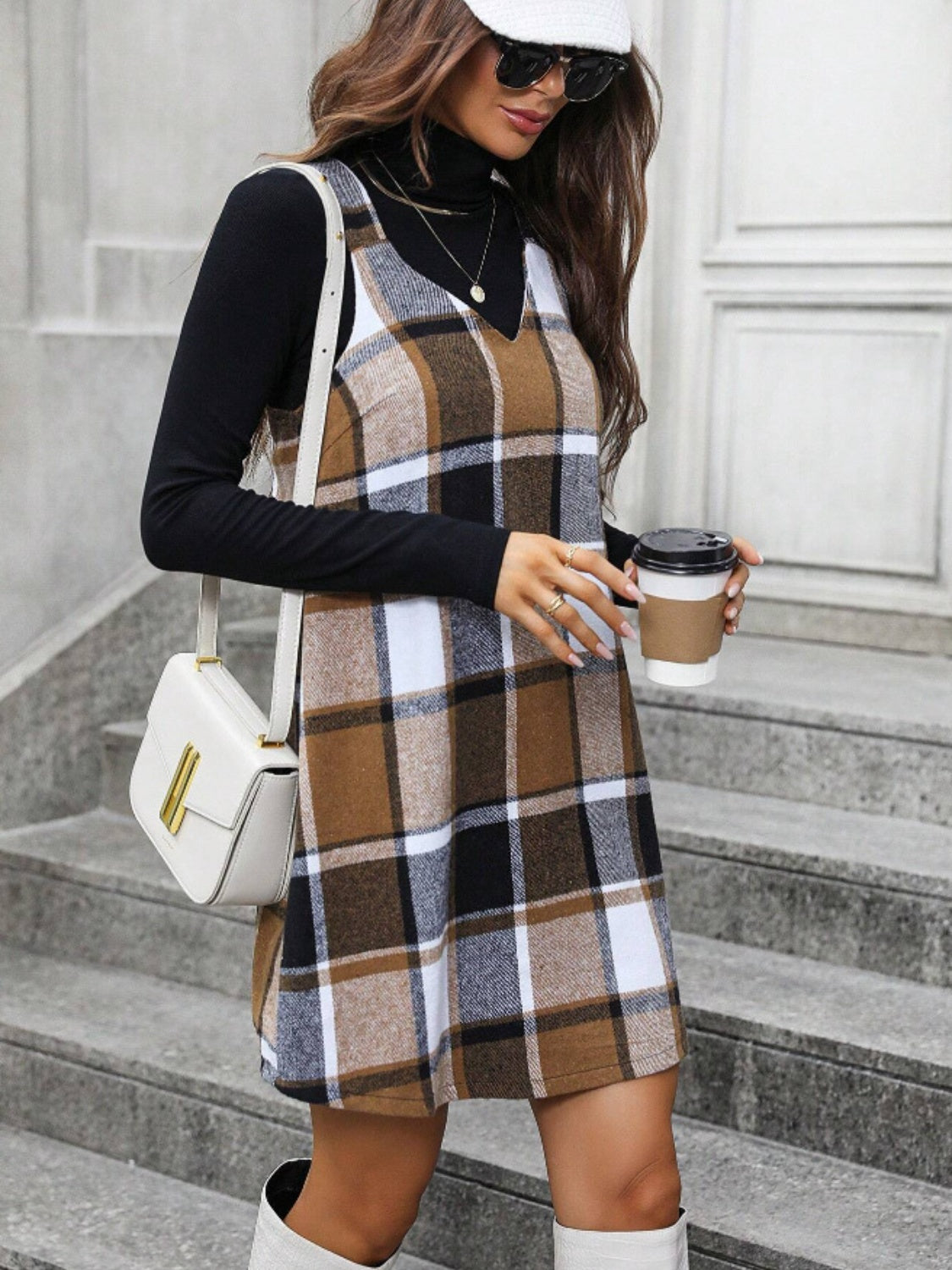 Plaid V-Neck Wide Strap Dress