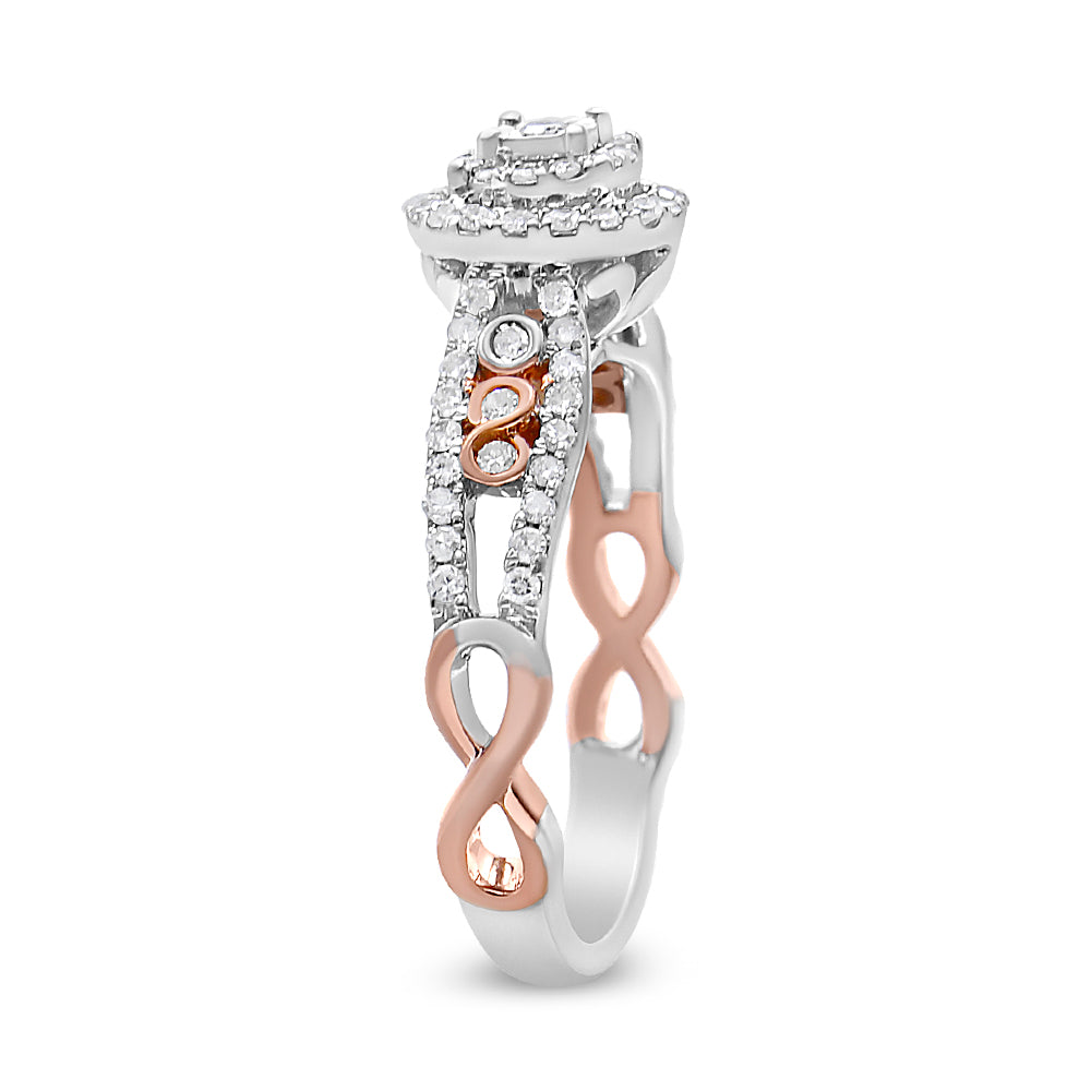 14K Rose Gold Plated .925 Sterling Silver 3/8 Cttw Round Diamond Double Frame Cross-Over Split Shank Engagement Ring (I-J Color, I2-I3 Clarity) - Size 7