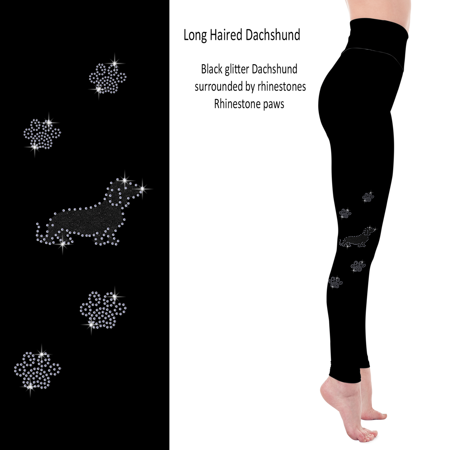 Long Haired Dachshund Rhinestone Leggings with Pockets - White or Black Glitter