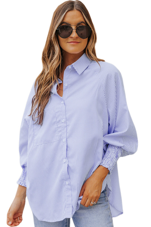 Light Blue Casual Striped Shirred Cuffs Shirt