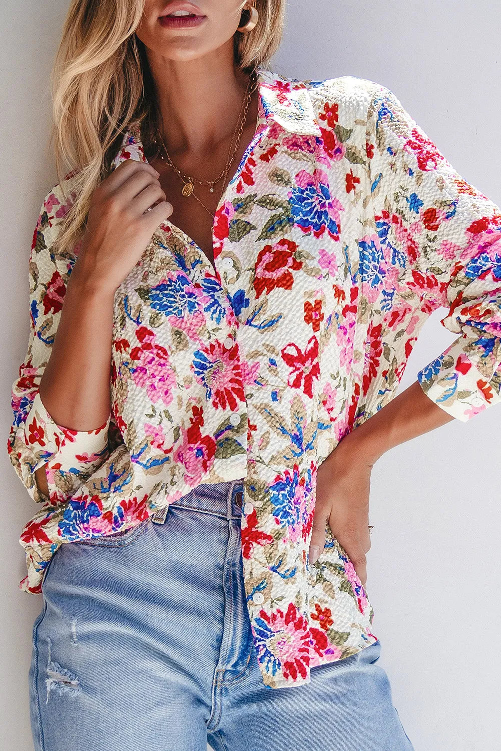 Floral Collared Neck Long Sleeve Shirt