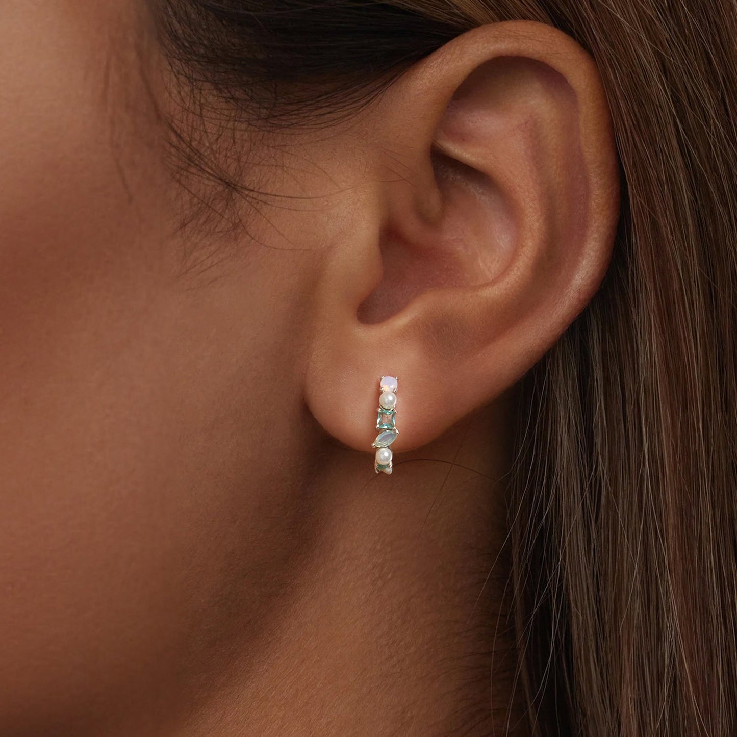 925 Sterling Silver Earrings with Nano Opal, Shell Pearl and Glass, 1.4cm for Women
