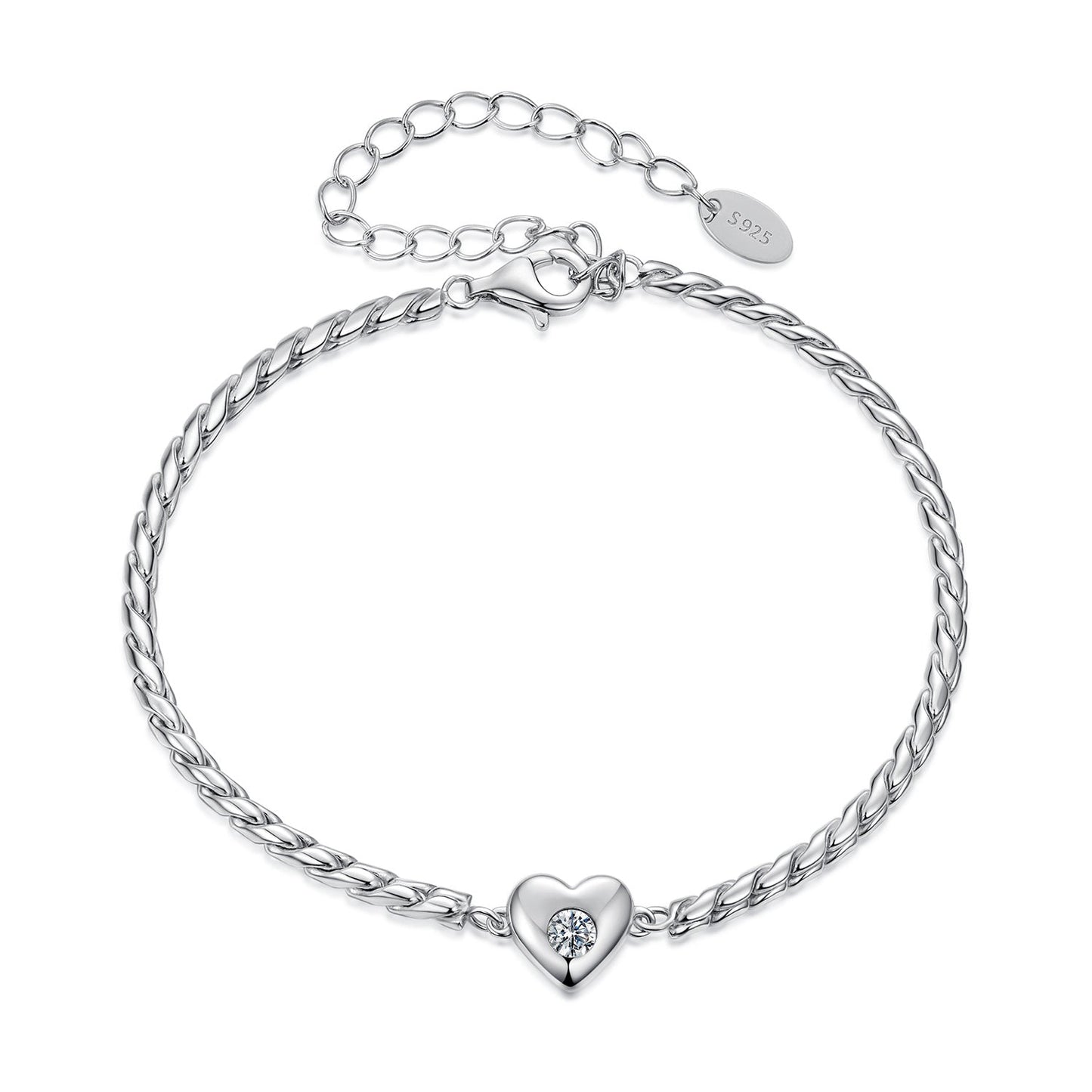 925 Sterling Silver Moissanite Heart Bracelet for Women - Silver - 15+6cm Length, 0.3cm Thickness