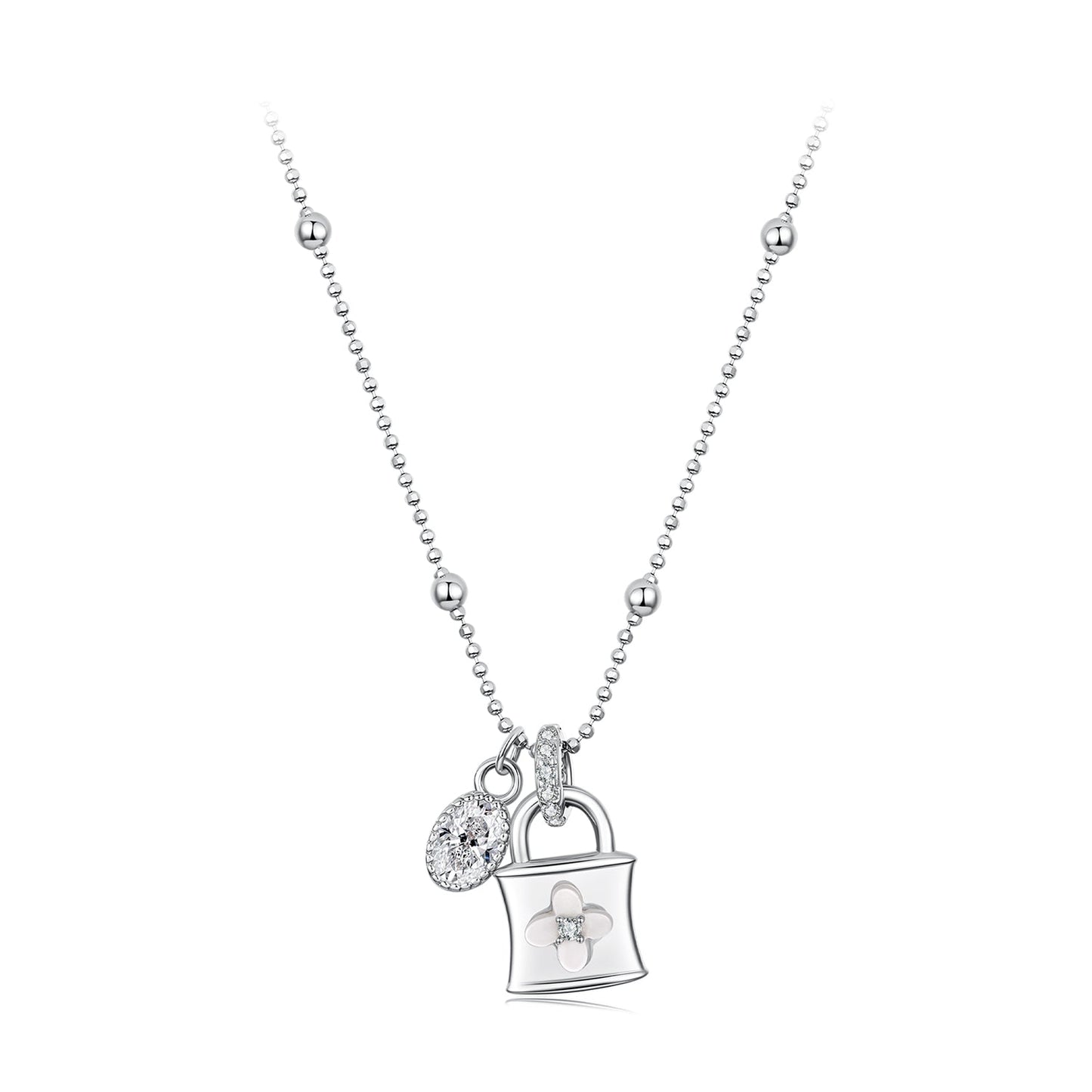 925 Sterling Silver White Gold Plated Necklace with CZ and Nacre for Women
