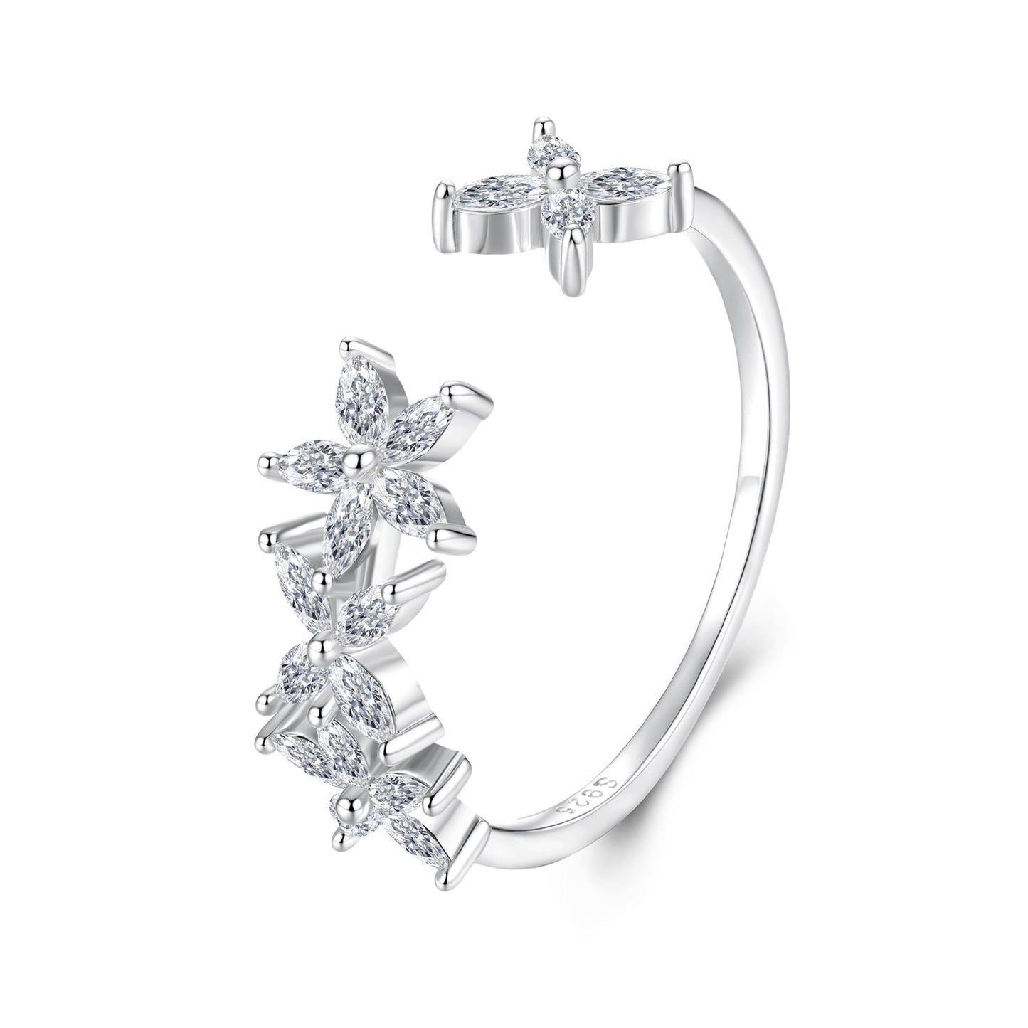 925 Sterling Silver White Gold Plated Pavé Setting CZ Flower Ring for Women