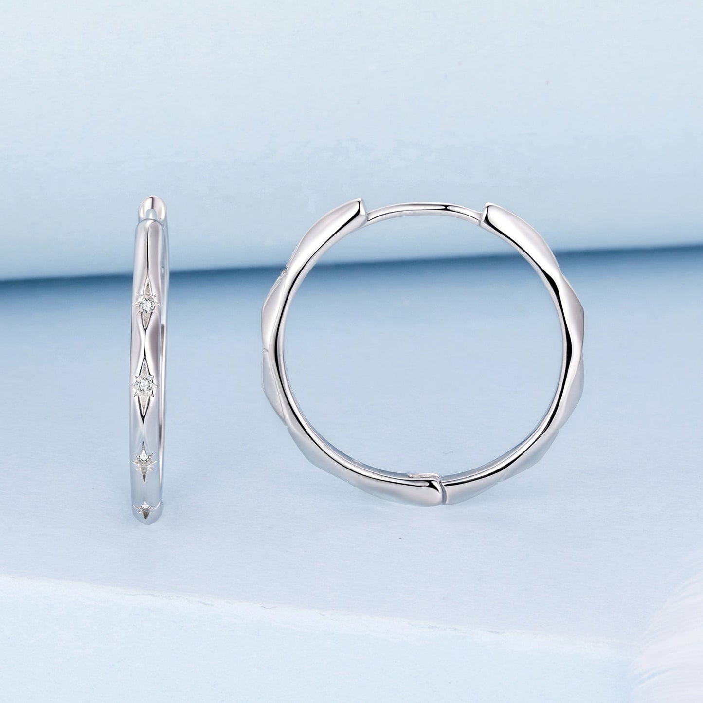 925 Sterling Silver White Gold Plated Hoop Earrings with CZ - 2.0cm