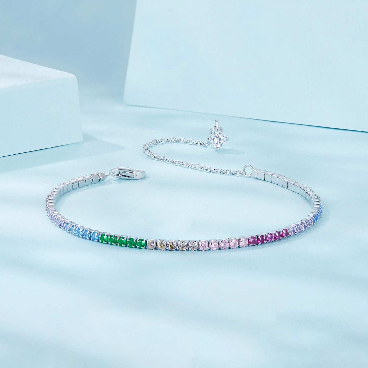 925 Sterling Silver Pave Setting White Gold Bracelet 160+60mm for Women
