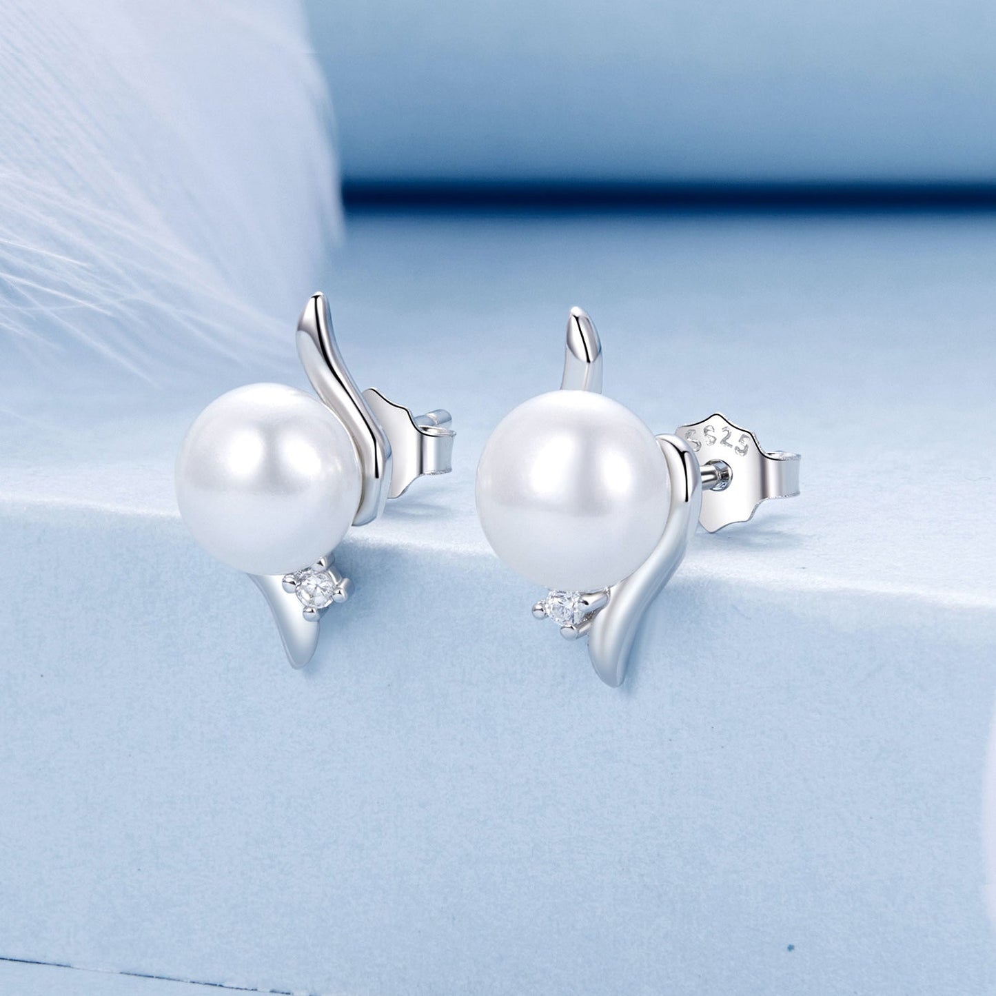 925 Sterling Silver Natural Pearl & CZ Earrings Plated in Platinum