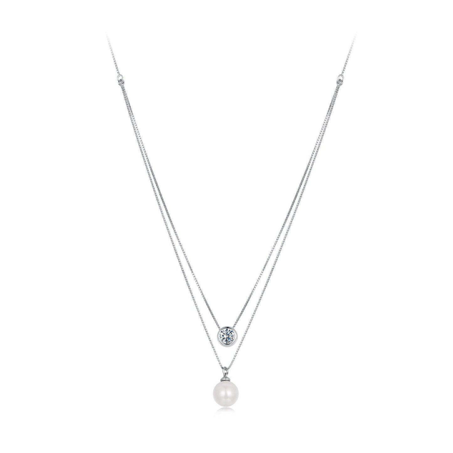 925 Sterling Silver Moissanite & Quality Shell Pearl Necklace for Women - 40+5cm, White Gold Plated