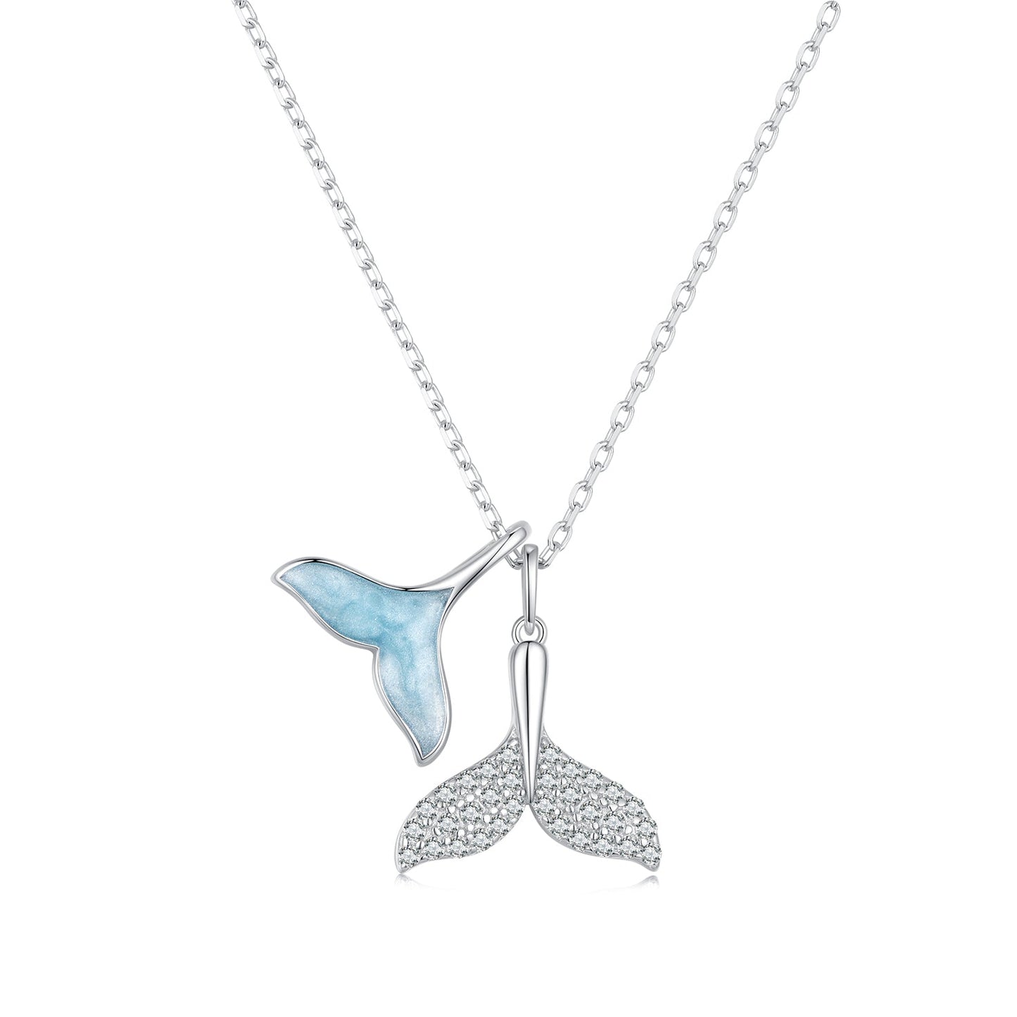 925 Sterling Silver Necklace with CZ & Enamel - 40+5cm Length, Fishtail Design for Women
