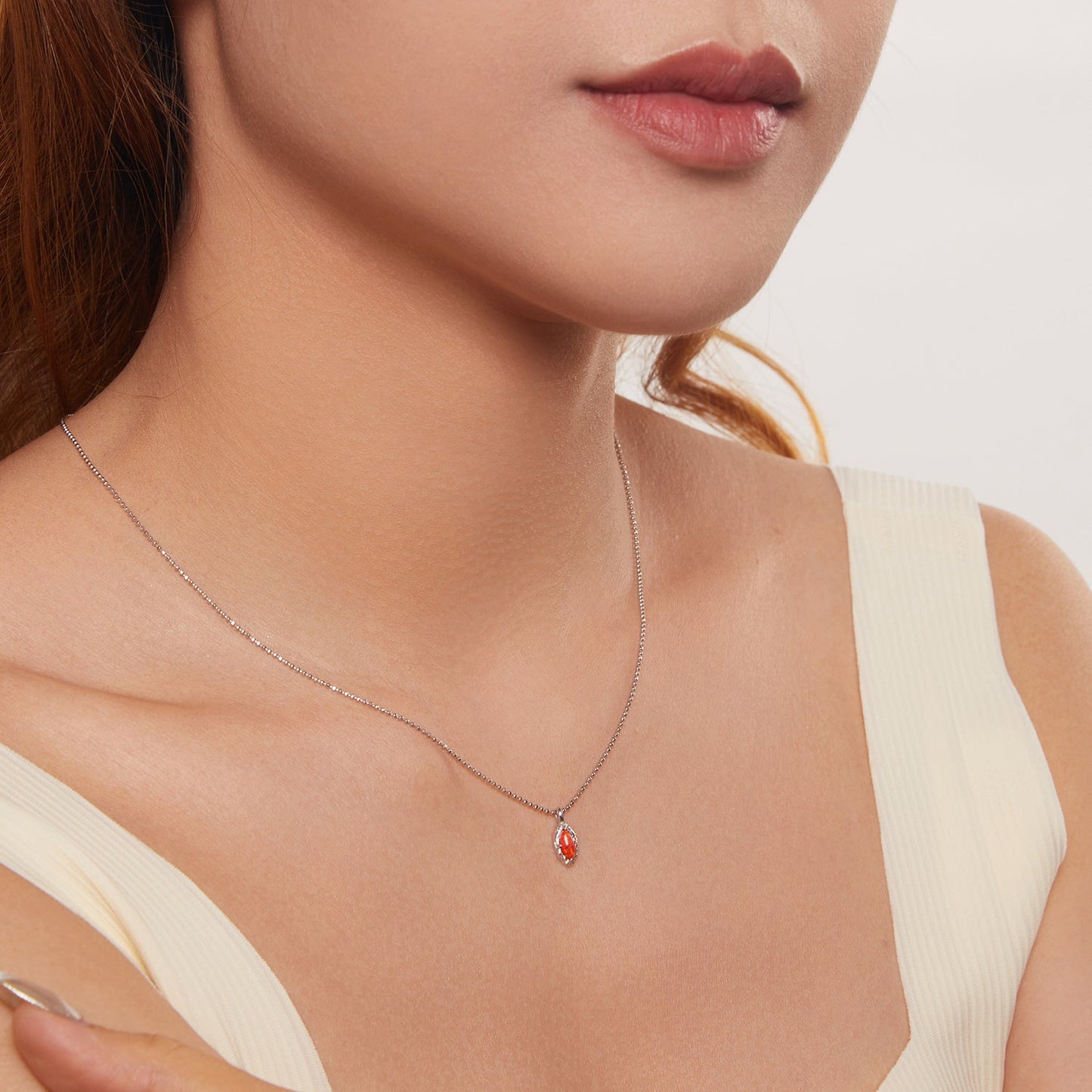 925 Sterling Silver Necklace with Synthetic Opal Pendant, 45cm, Plated White Gold for Women