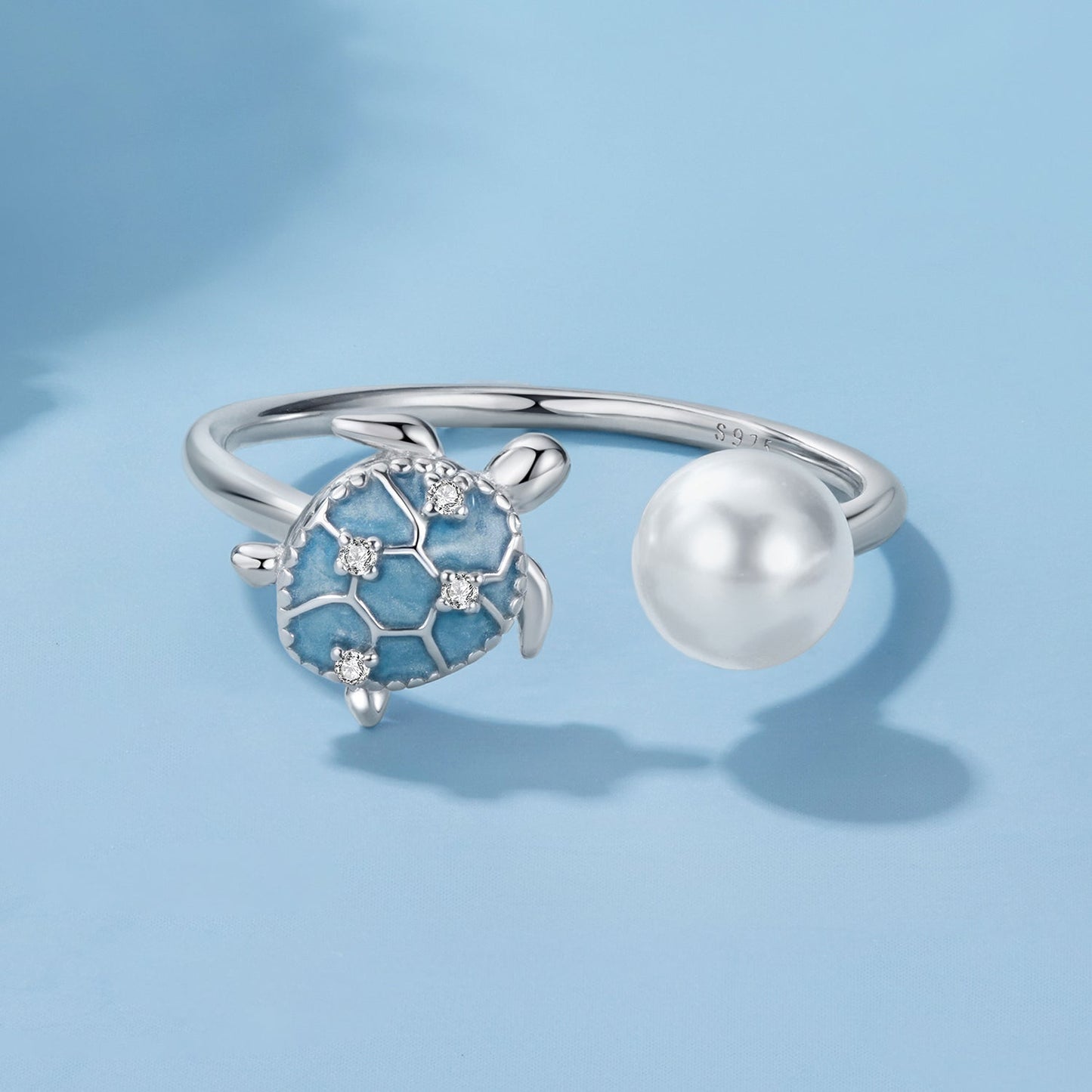 925 Sterling Silver Turtle Ring with Quality Shell Pearl & CZ - Size: nan