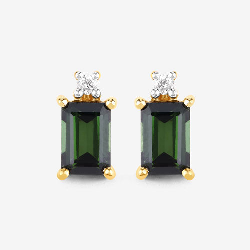 1.24 Carat Genuine Green Tourmaline and White Diamond 14K Yellow Gold Earrings