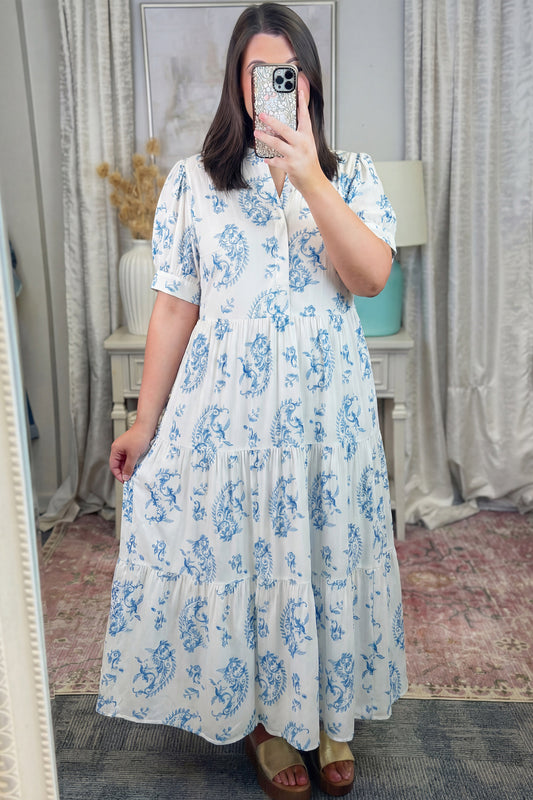 Sky Blue Plus Size Geometric Floral Print Button Split Neck Short Sleeve Maxi Dress