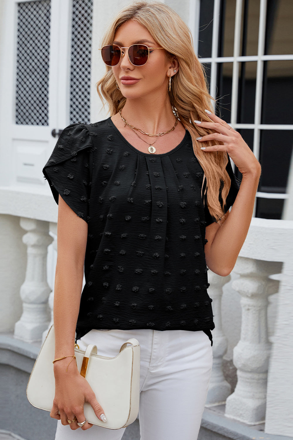 Swiss Dot Round Neck Petal Sleeve Blouse