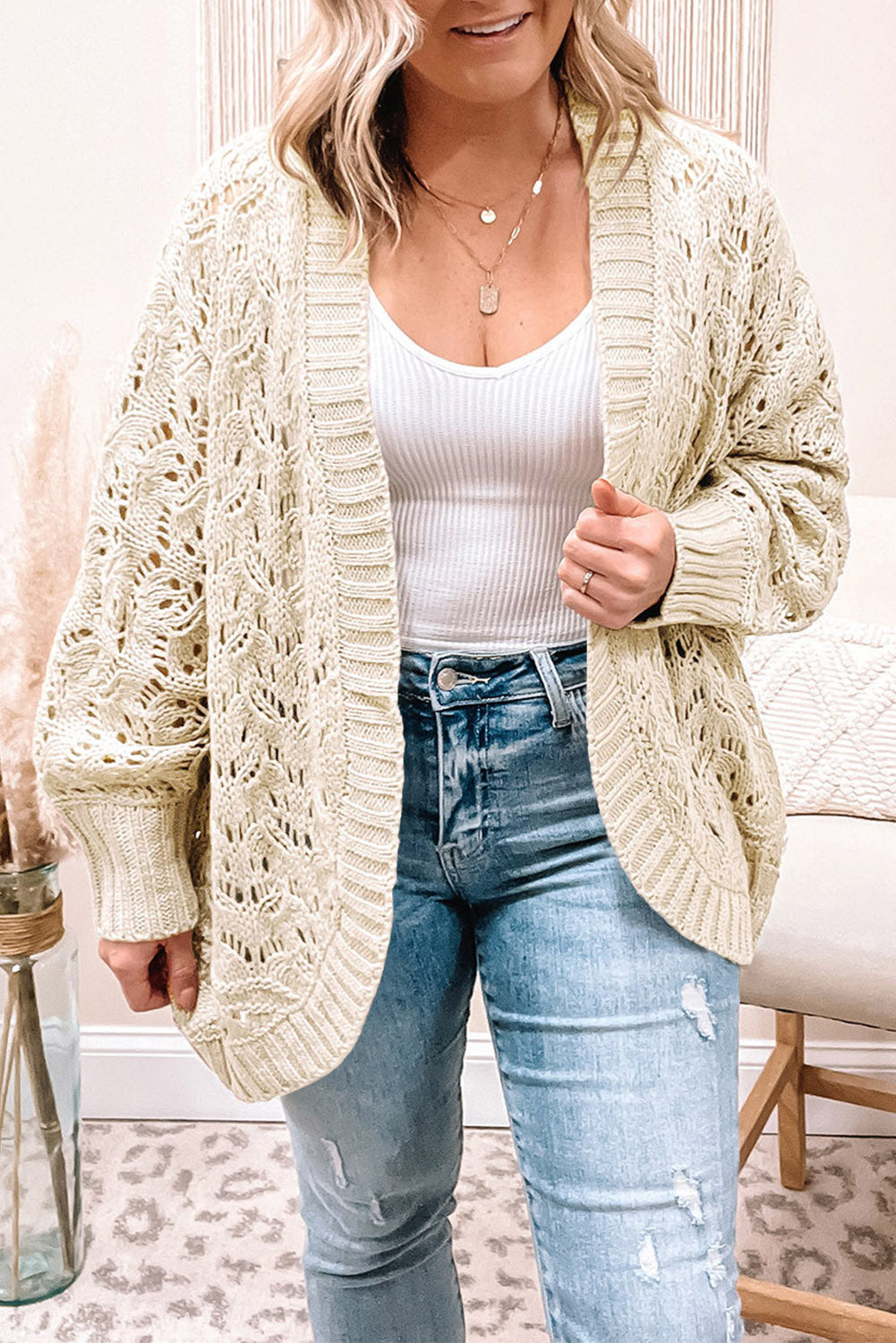 Beige Plus Size Hollowed Open Front Ribbed Trim Cardigan