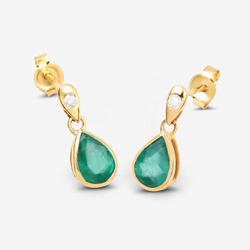 1.35 Carat Genuine Zambian Emerald and White Diamond 10K Yellow Gold Earrings