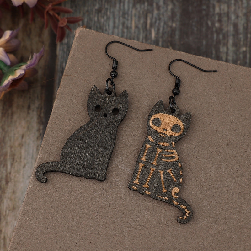 Alloy Hook Wooden Cat Earrings