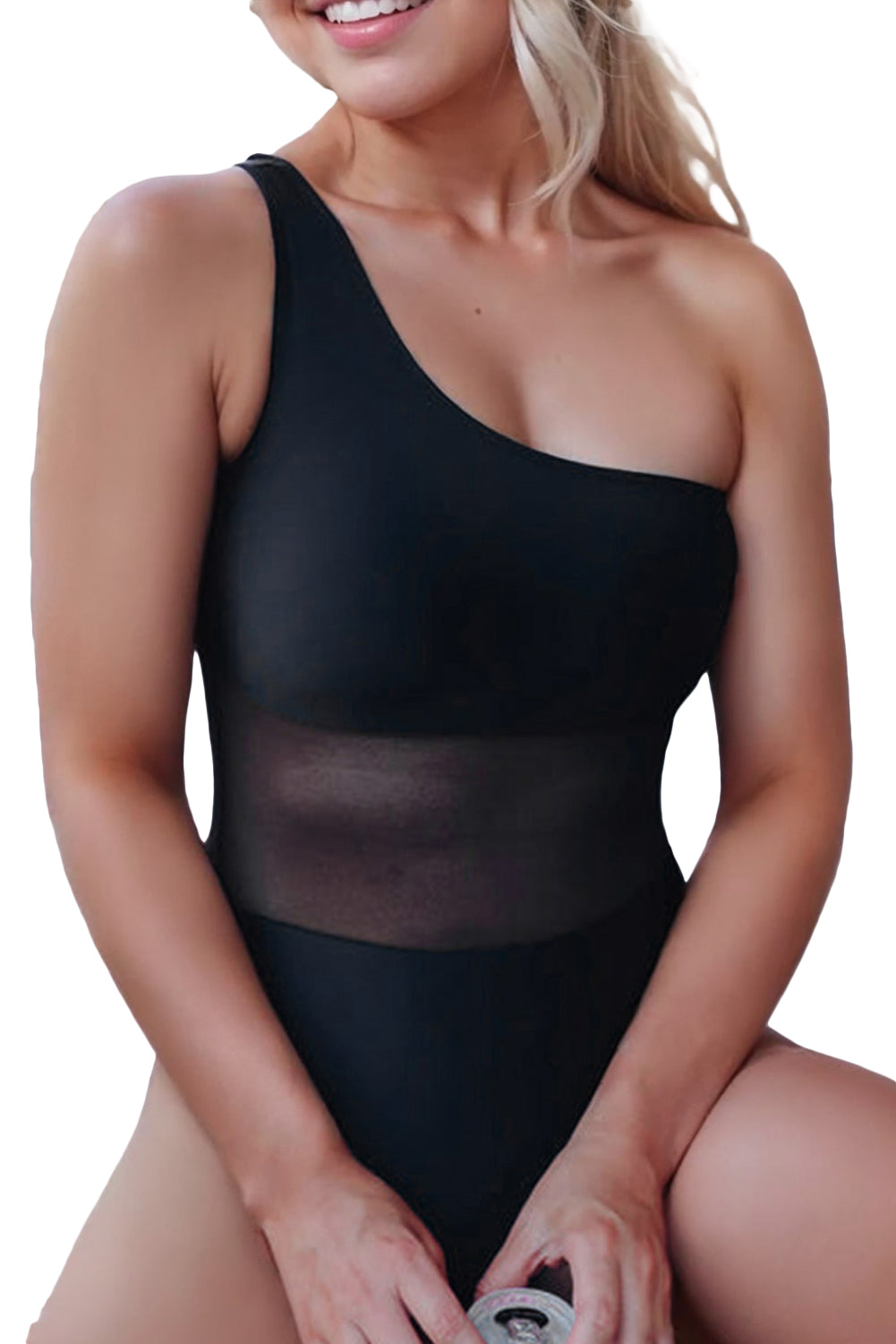 Black Asymmetric Neck Mesh Patchwork One Piece Swimwear