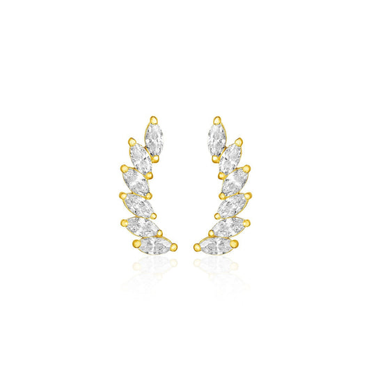 14k Yellow Gold Leaf Motif Climber Post Earrings with Marquise Cubic Zirconias