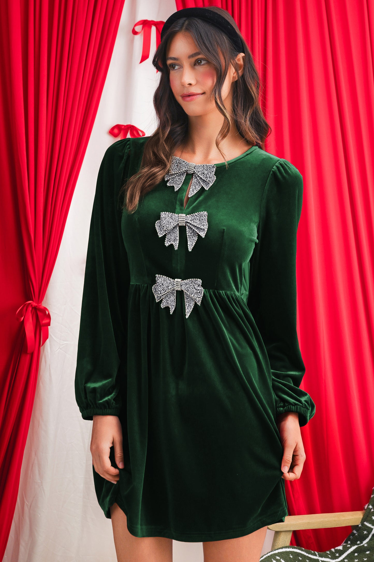 Evergreen Bowknot Decor High Waist Velvet Mini Dress