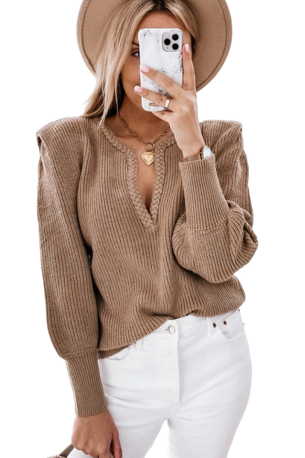 Brown Braided Notched V Neckline Puff Sleeve Knitted Sweater
