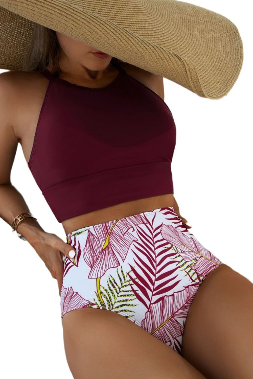 Purple Tropical Print Back Split High Waisted Swimsuit