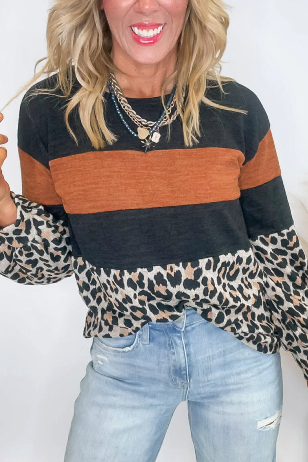 Black Leopard Colorblock Round Neck Top