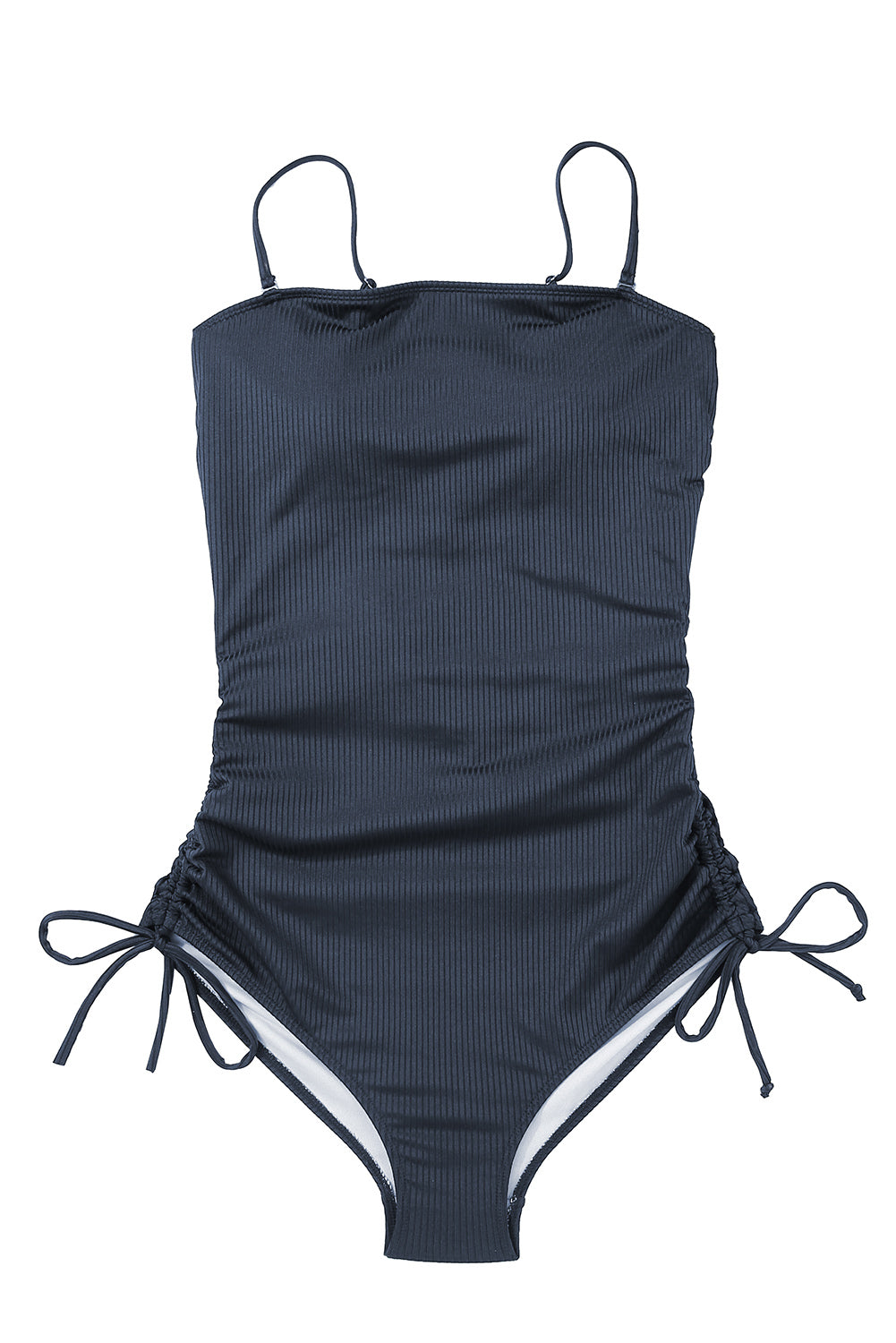 Navy Blue Side Drawstring Cutout Ribbed One Piece Swimsuit