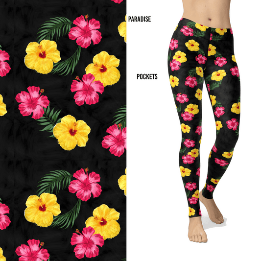Paradise Hawaiian Hibiscus Pink Yellow Leggings with Pockets