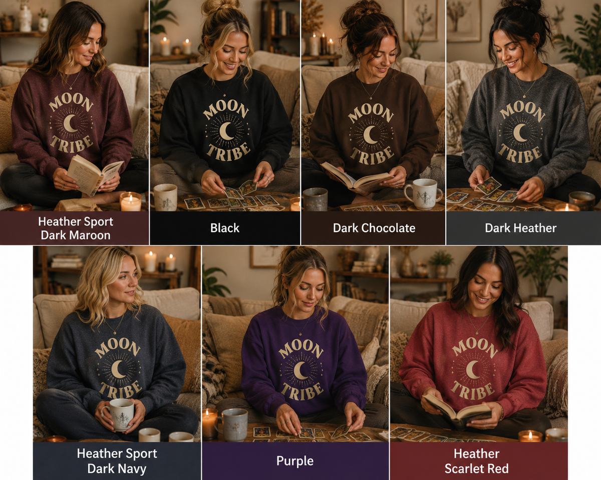 Moon Tribe Crewneck Sweatshirt — Celestial Moon Graphic Pullover - Jewel Tones