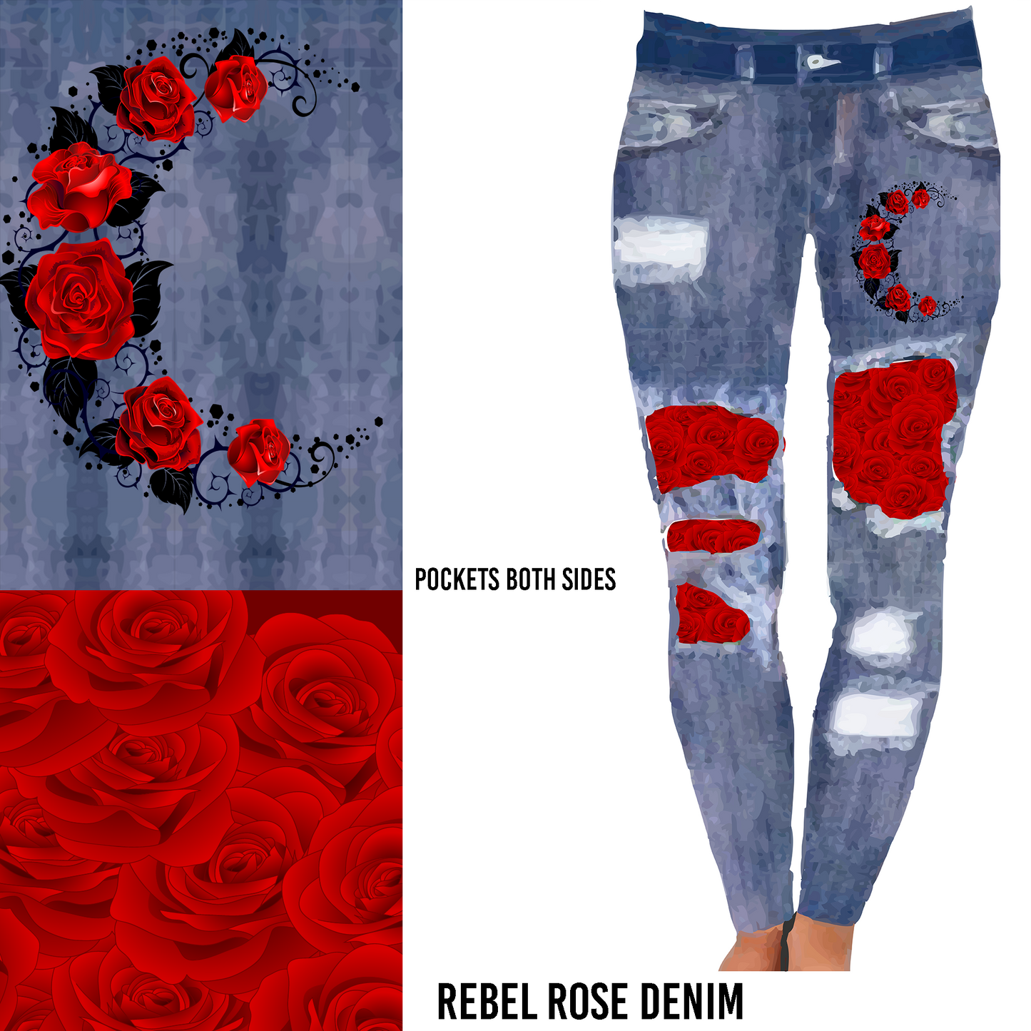 Red Rose Distressed Denim Leggings with Romantic Floral Patches