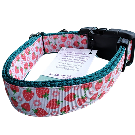 Strawberry Flowers Green Nylon Dog Collar MD, LG, XL, Leash
