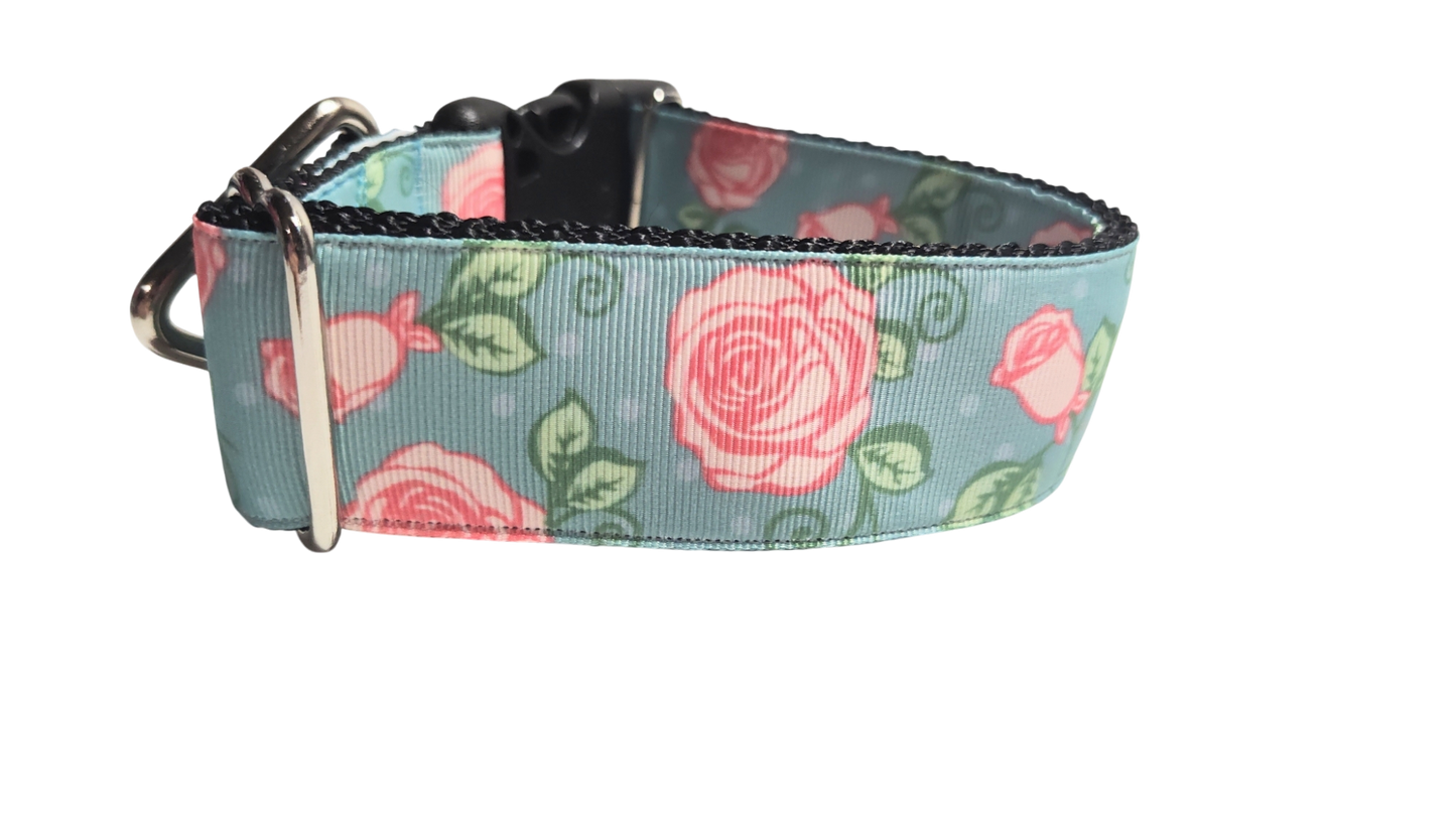 1.5" Wide Roses on Blue Nylon Dog Collar