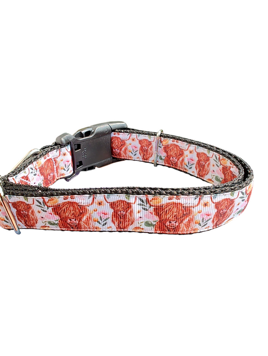 Western Highland Cow Flowers Nylon Dog Collar