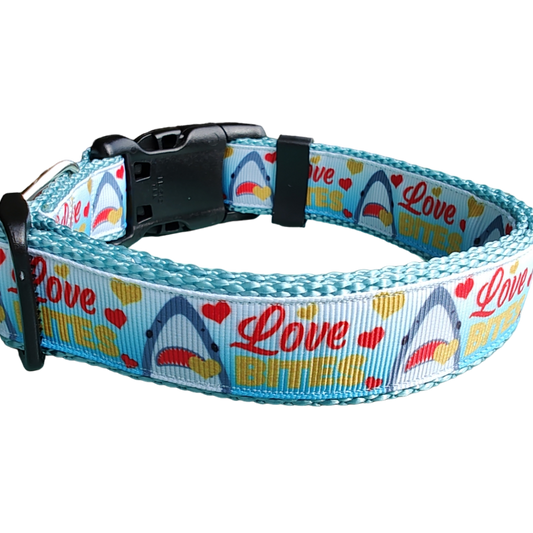 Love Bite Sharks Lt Blue Nylon Dog Collar MD, LG, XL, Leash