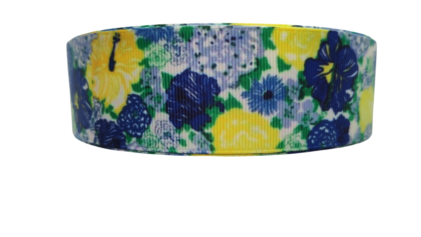 1.5" Wide Blue & Yellow Floral Nylon Dog Collar