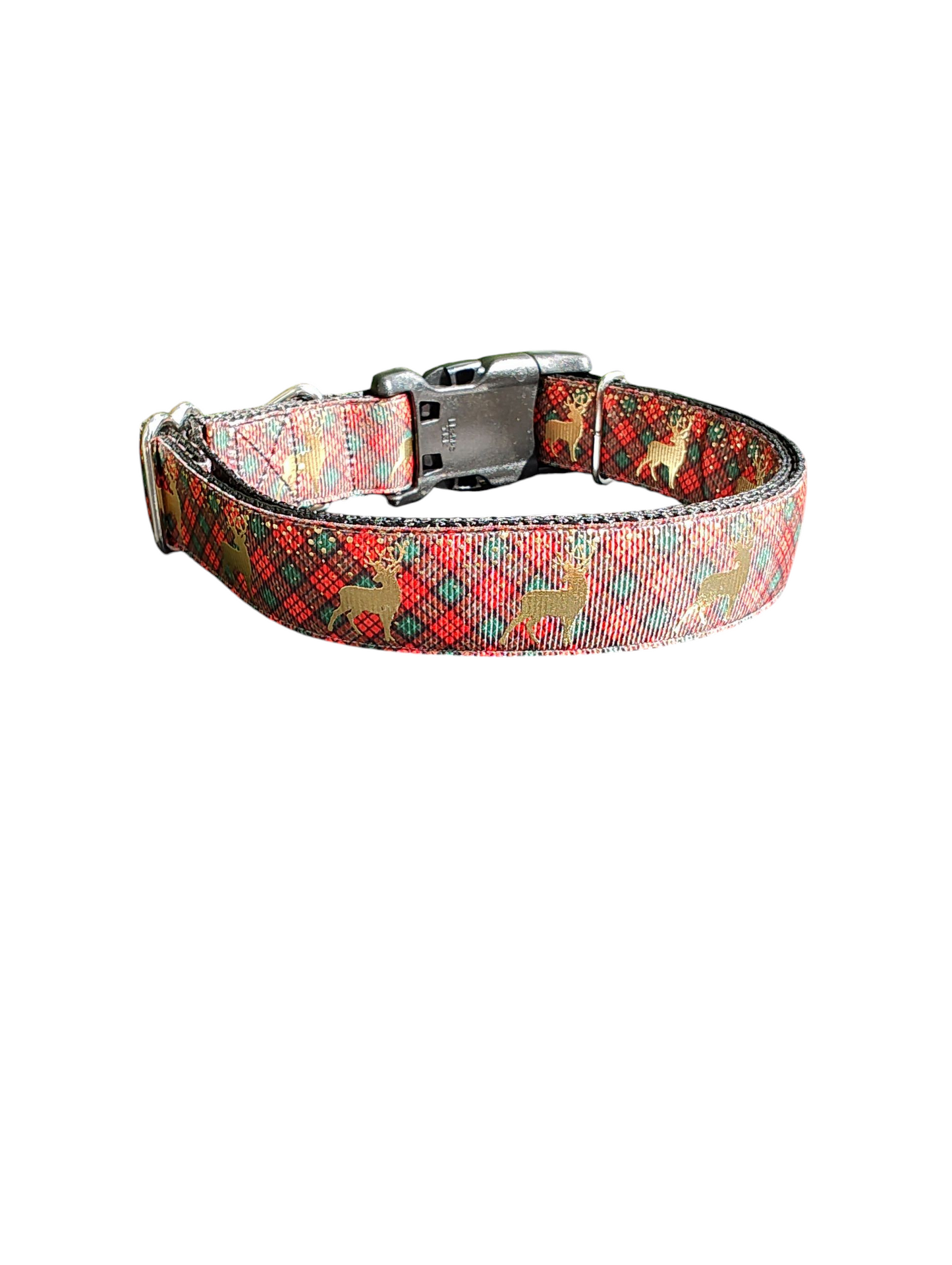 Red and Green Plaid Deer Nylon Dog Collar
