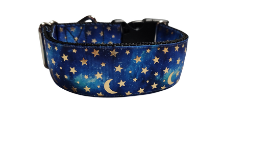 1.5" Wide Blue Stars and Moons Nylon Dog Collar