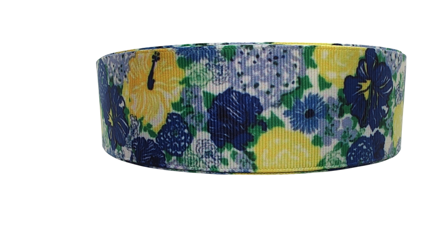 1.5" Wide Blue & Yellow Floral Nylon Dog Collar