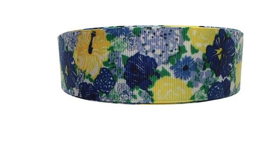 1.5" Wide Blue & Yellow Floral Nylon Dog Collar