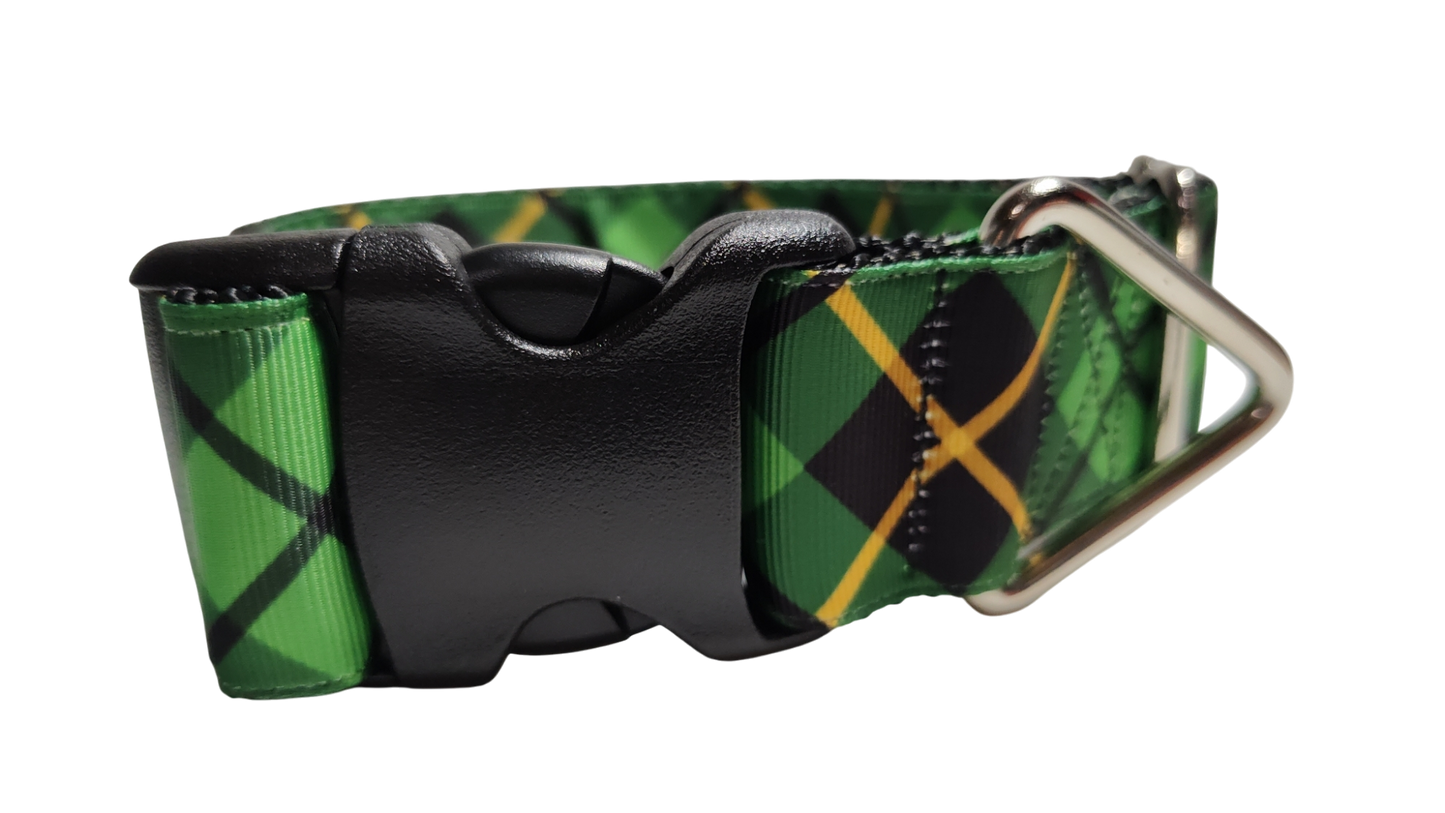 1.5" Wide Green and Gold Plaid Nylon Dog Collar