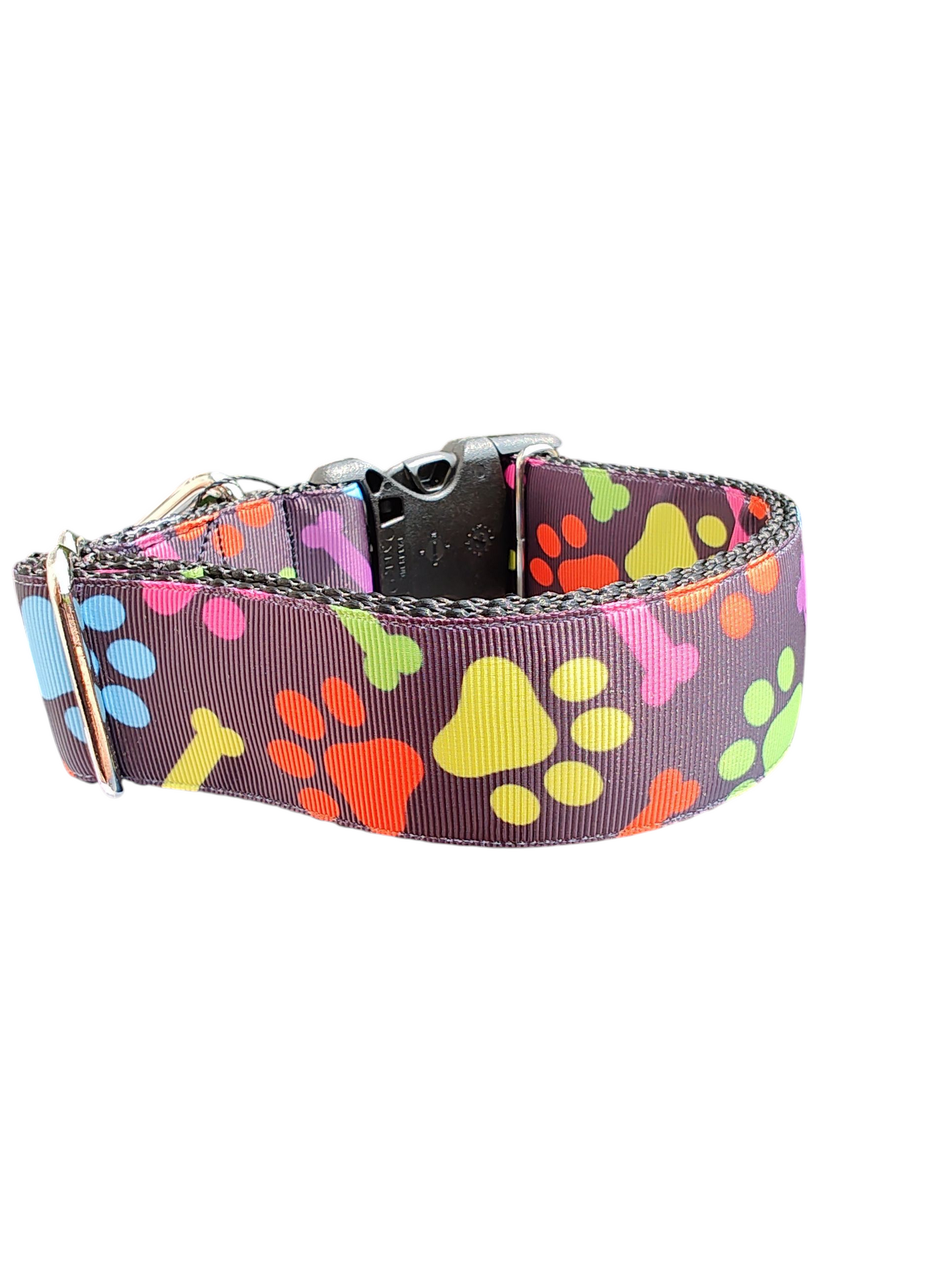 1.5" Wide Rainbow Bones and Pawprints Nylon Dog Collar