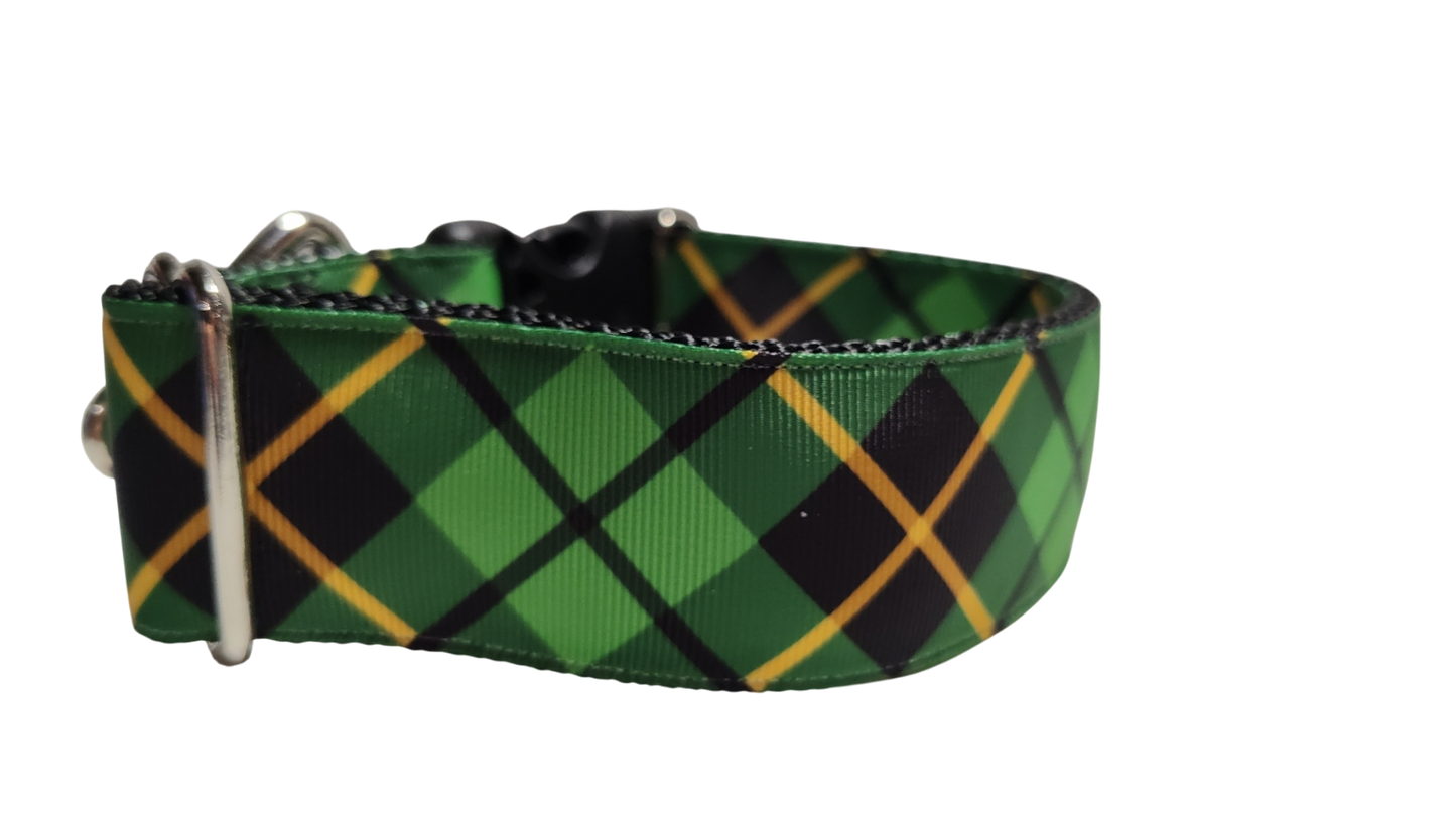 1.5" Wide Green and Gold Plaid Nylon Dog Collar