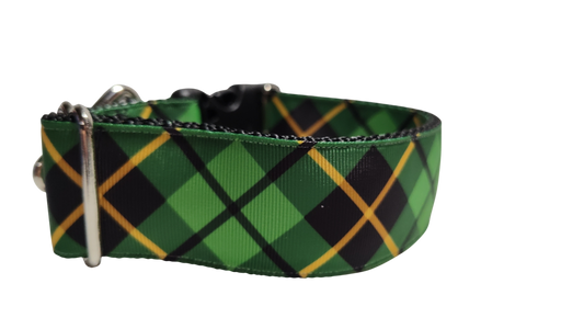 1.5" Wide Green and Gold Plaid Nylon Dog Collar